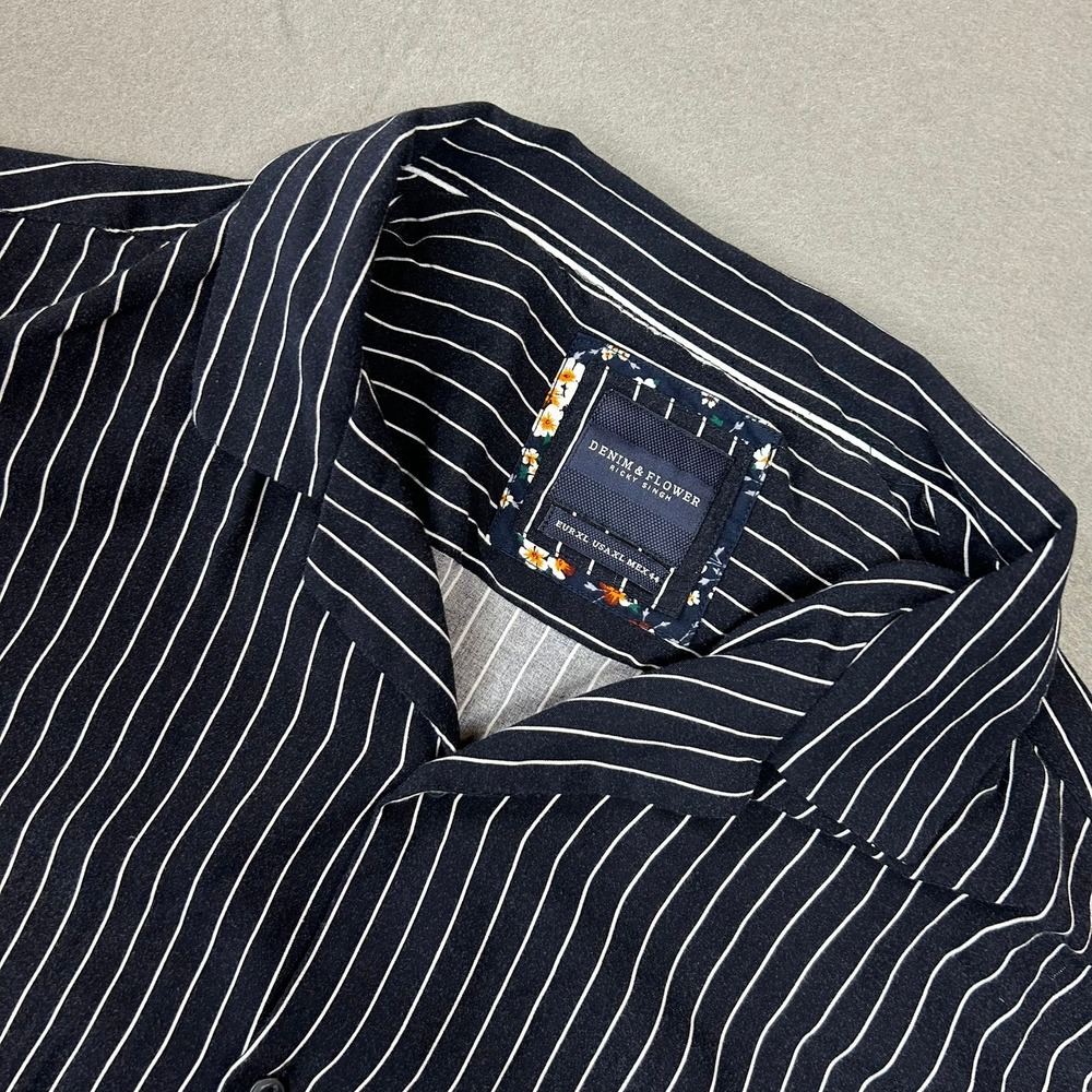 Denim & Flower Button Up Pinstripe Camp Collar Mens XL Blue